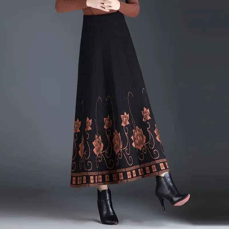 Women High Waist Knit Long Skirt Floral Embroidery Print A Line Swing Maxi Skirt