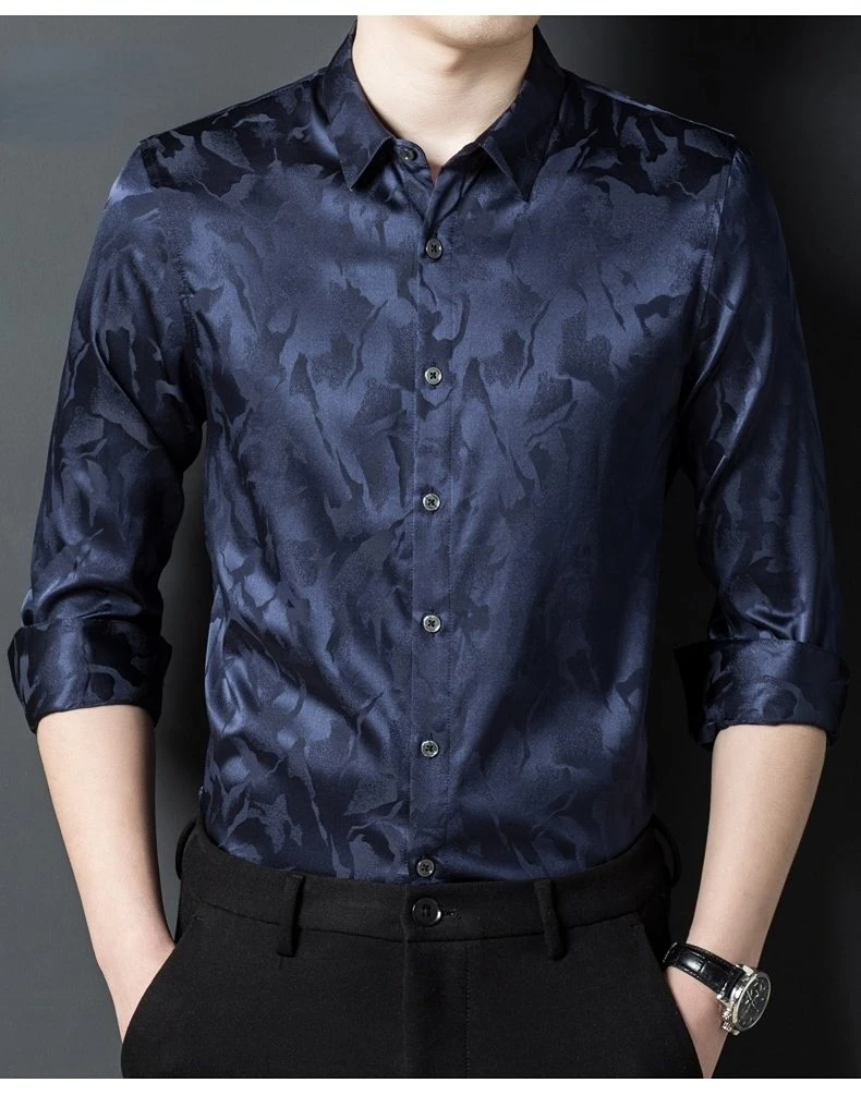 92.5% Mulberry Silk Shirt for Men Long Sleeve Shirt Men Spring Autumn Tops Male Satin Casual Thin Men\'s Clothing Chemise Homme