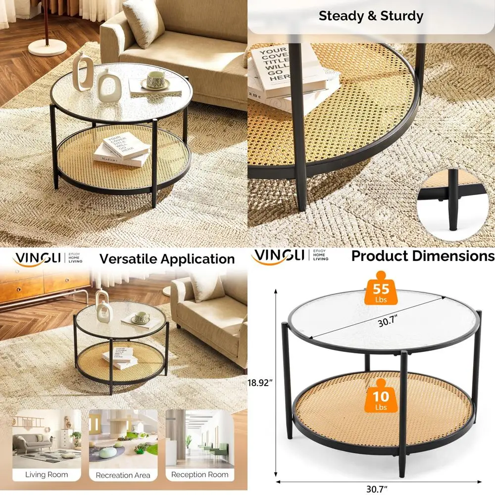 Modern Two-Tier Glass Coffee Table with Rattan Shelf for Home Decor and Storage, 30 Inch Round Living Room Furniture