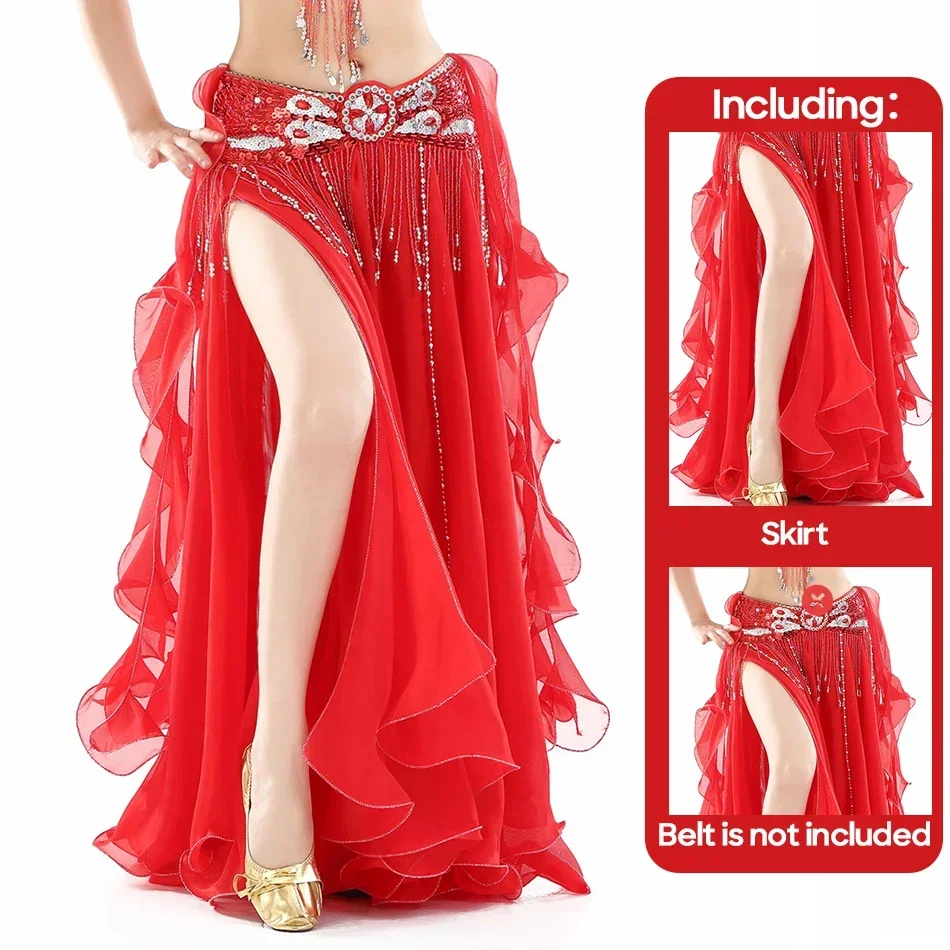 

Belly Dance Skirt Chiffon Skirts Double Slit Ear Gauze Skirt High Slit Skirt For Adult Women Performance Practice Clothings