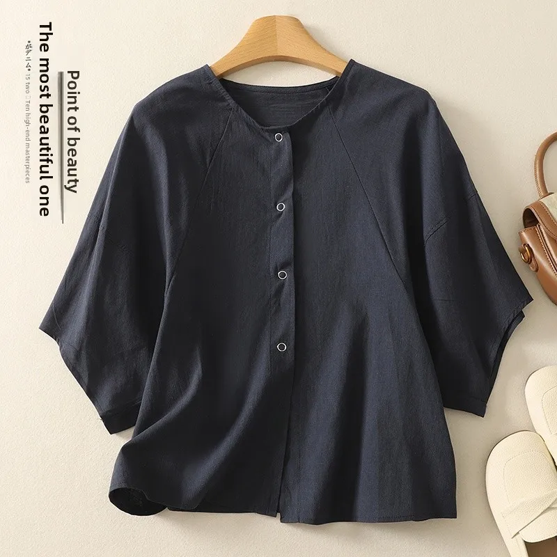 Summer Artistic Cotton Linen ort Sve Women's Cardigan Slimming Design oulder Insert Sve Top Pear aped Fit irt