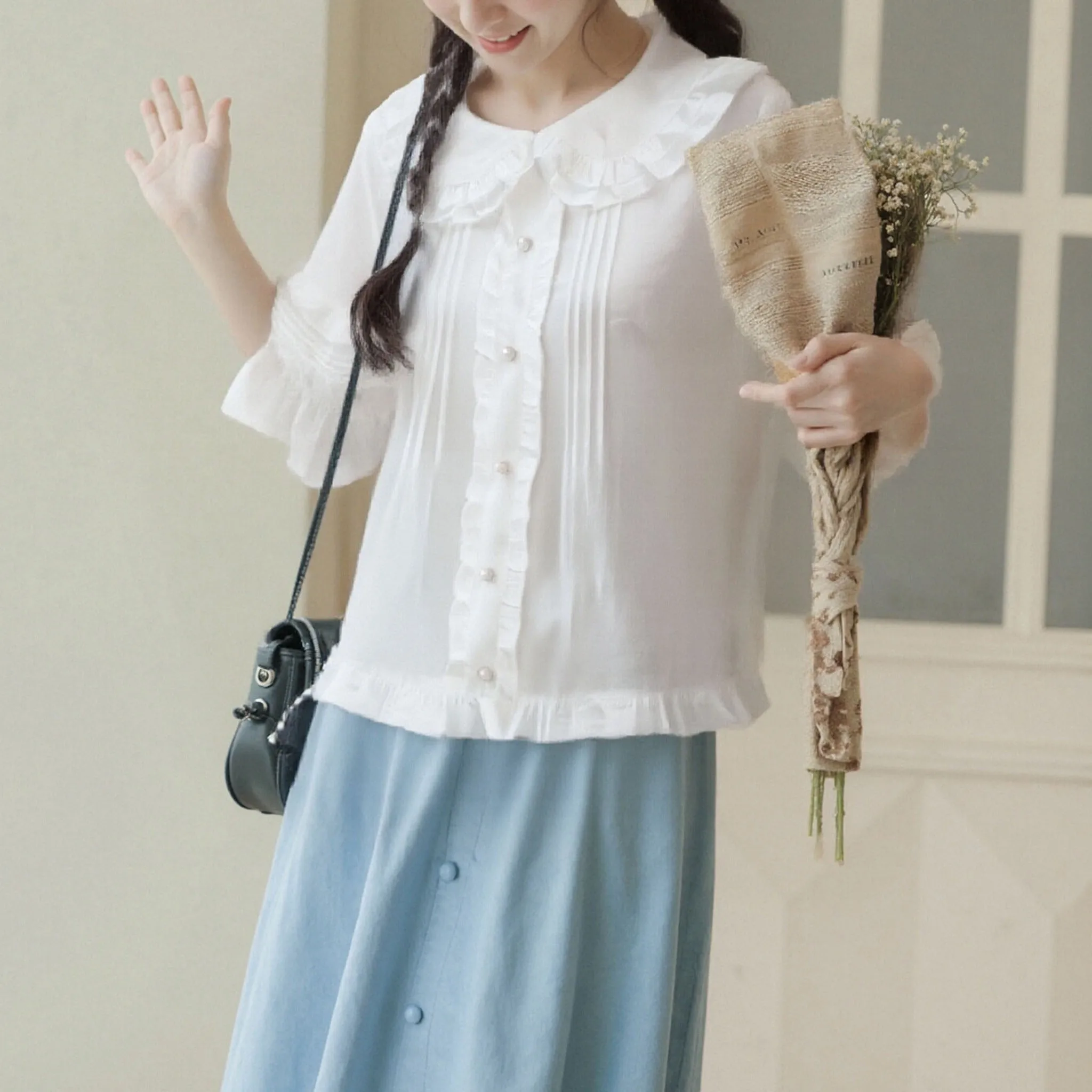 Peter Pan Collar Lolita Kawaii Solid Pink White Women Shirt Japanese Single Breasted Sweet Blouse Aesthetic Ruffled Loose Blouse