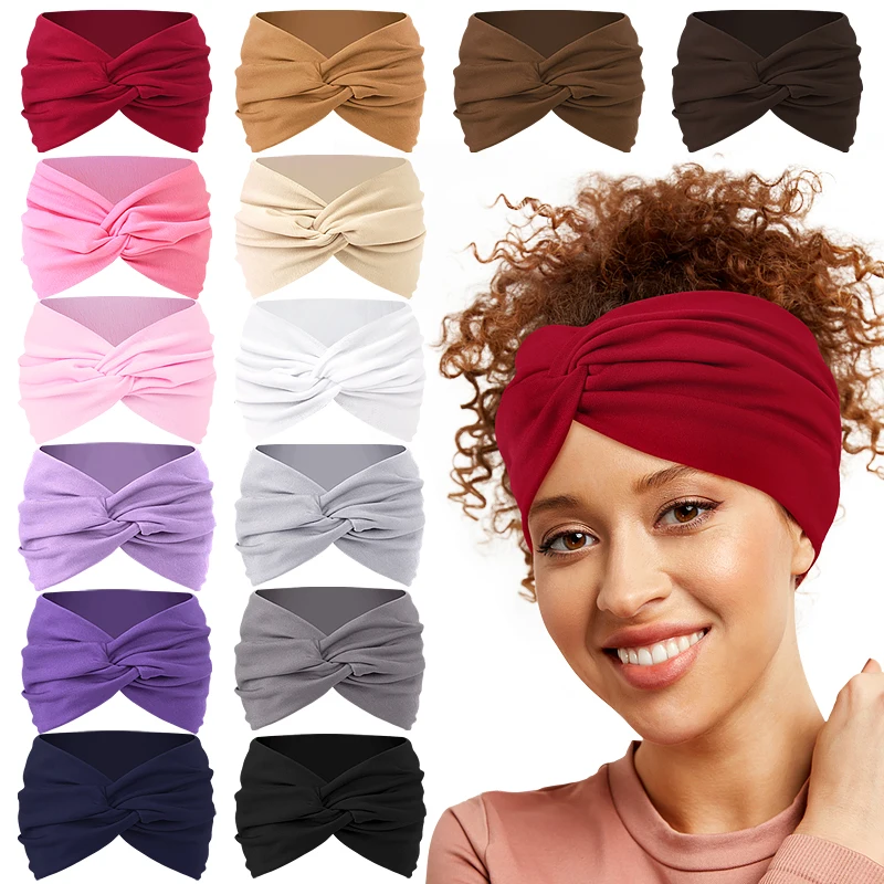 Women Solid Color Super Wide Headband Twisted Criss Cross Elastic Hairband Yoga Running Sports Non Slip Sweat Hair Accessories