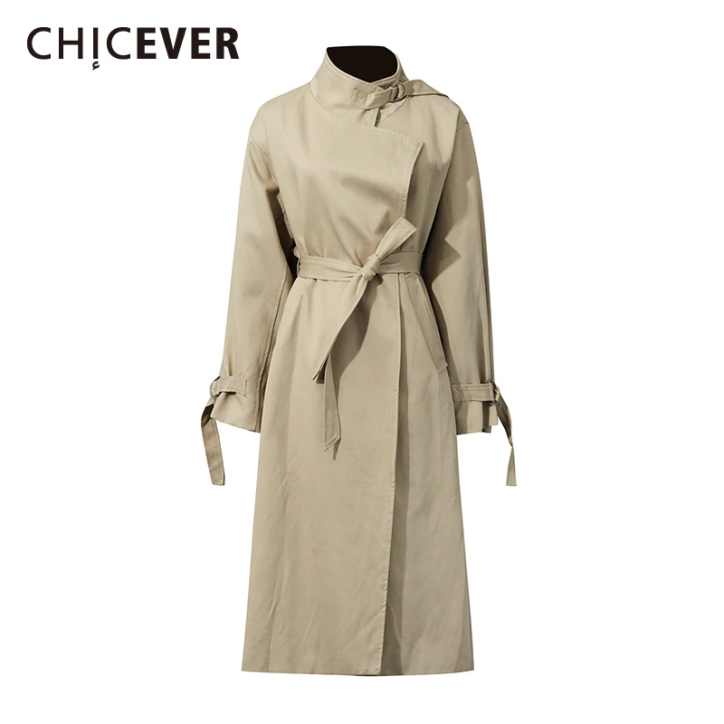 

CHICEVER Solid Spliced Lace Up Temperament Trench Female Turtleneck Long Sleeve Office Lady Women's Trenchs Autumn Fashion New