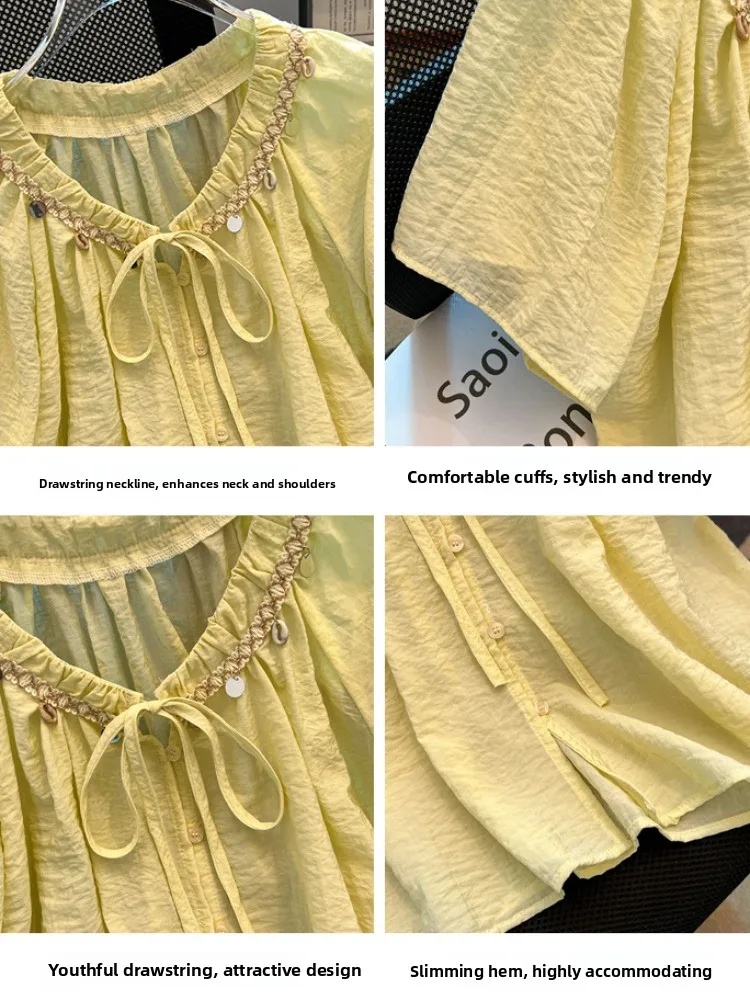 Consigliato Self-Kept Pieghettato V-Ne Legato ort Sve irt Donna Estate ell Frangia Top allentato Coreano Sle Pendolarismo Vento