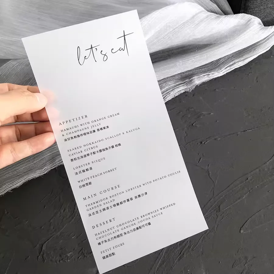 

Customized Semi Transparent Dining Plate Card, Minimalist Wedding, butter paper, menu Card, 90x200mm, 30PCs cards
