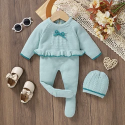 Newborn Baby Clothes Sets Knitted Infant Girls Sweater Long Sleeve +Pants +Hat Fashion Ruffles Kid Pullover +Trousers 0-9M 3PCS