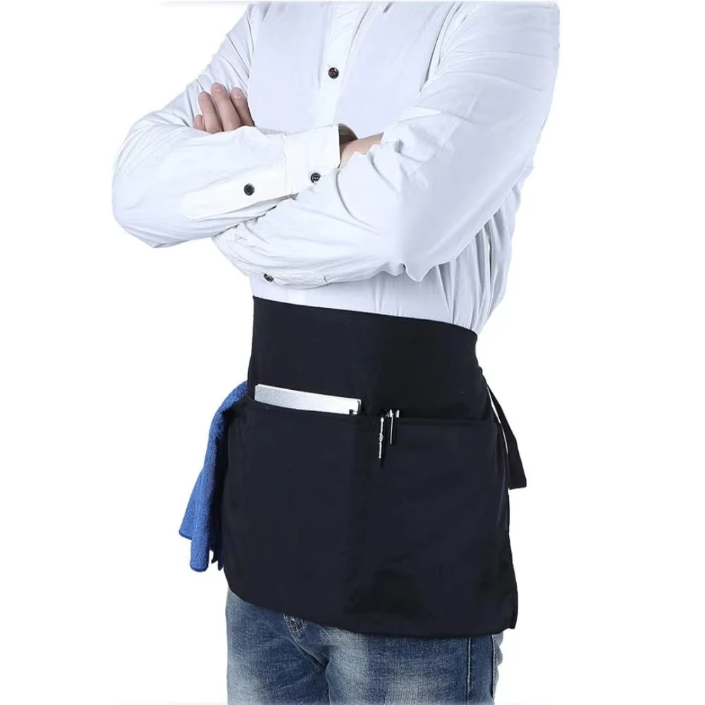 Fashion Short Small Apron 3 Pockets Waist Apron Black Waterproof Waitress Half Apron Convenient and Practical Home Accessories