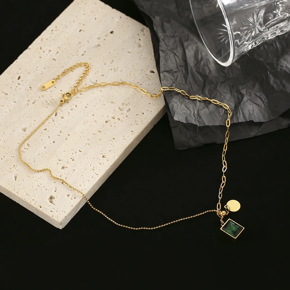 316L Fashion Green Square Pendant  for Women Luxury Gold Stainless Steel Necklace Girls Elegant Clavicle Chain Jewelry