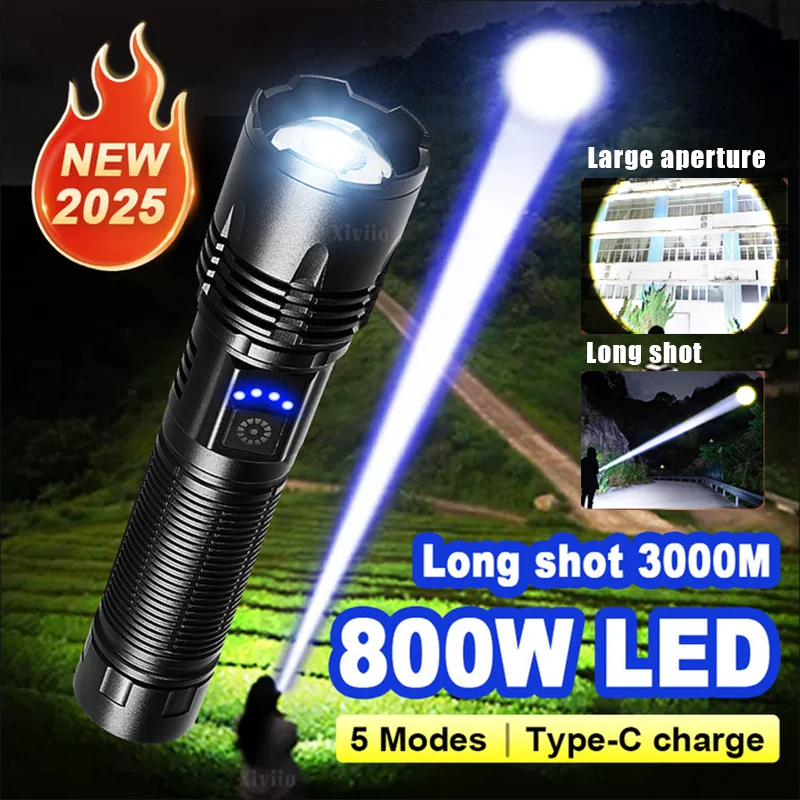 

Rechargeable LED Flashlight Zoomable Torch with Power Display 5 Modes Waterproof High Power Hand Light Outdoor Fishing Camping