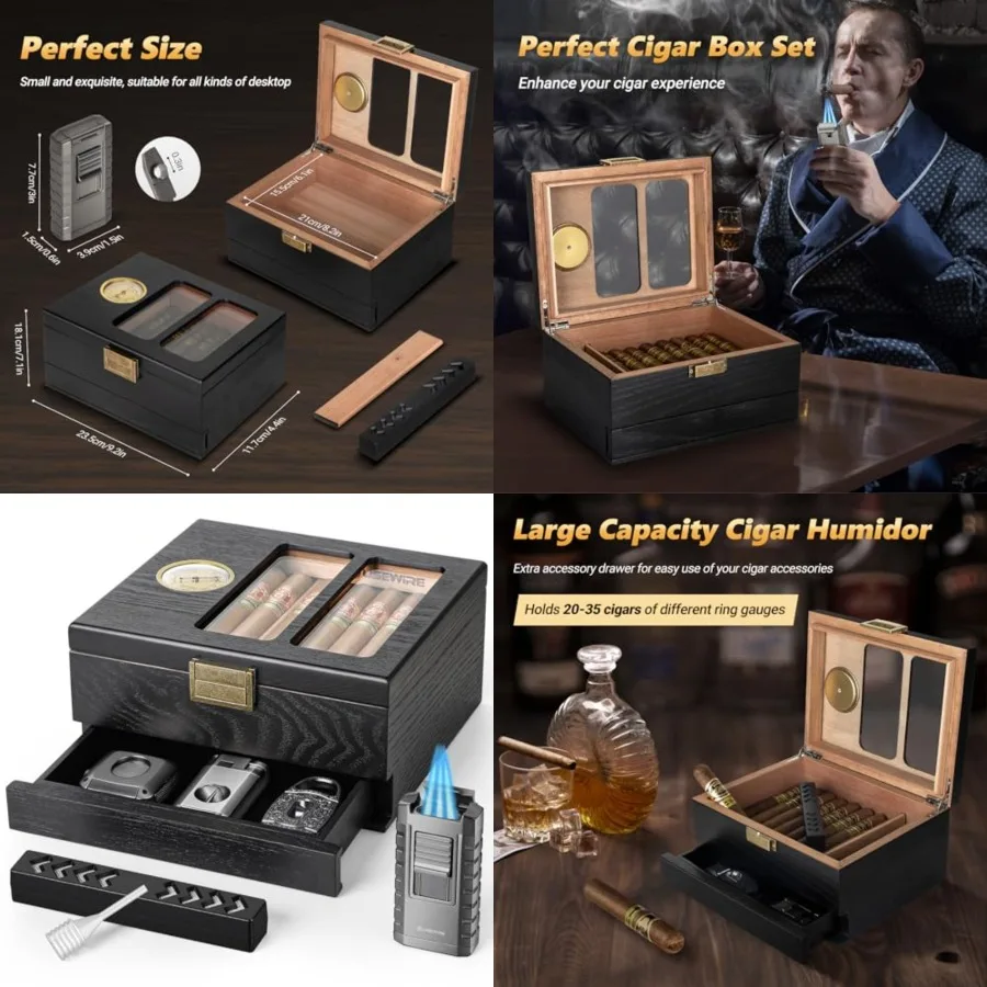 

Cigar Humidor, Glass Top Cedar Wood Cedar Humidor Box, Cigar Case for 20-35 Cigars with Hygrometer and Multi-Function Cigar Lig