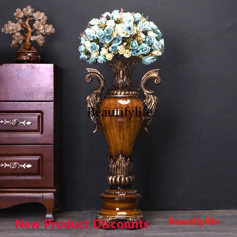 03 European creative floor-to-ceiling large vase hotel clubhouse living room dried flower arrangement ornament model room soft g