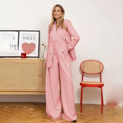 Pink Striped Women Suits 3 Piece Fashion Peak Lapel Smart Casual Office Lady Suit Formal Casual Pants Sets (Blazer+Vest+Pants)
