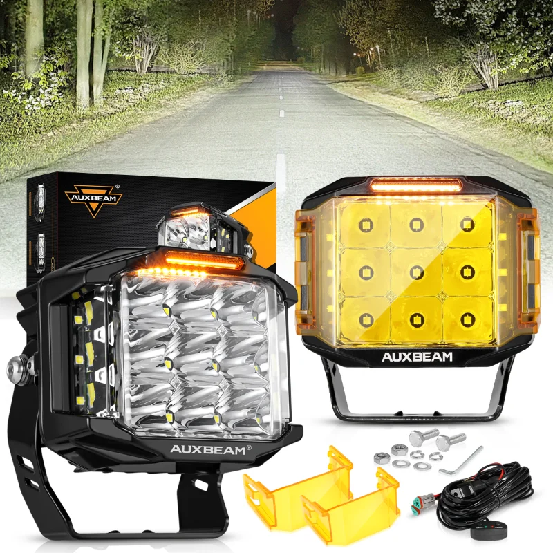 Auxbeam 5 Inch 168W LED Driving Lights Square/ Round Pod Lights with Amber DRL 16440LM Spot Flood Combo Work Spotlights