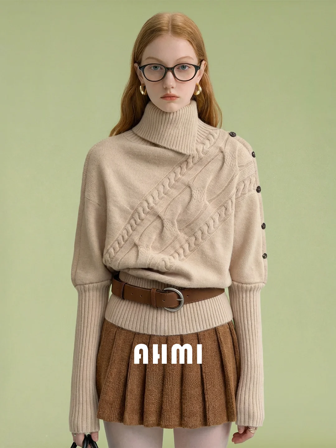 

AHMI Asymmetric High Collar Knitted Sweater Winter Soft Cozy Girl's Cable Knitwear Vintage Sle Long Sve Warmth Assurance