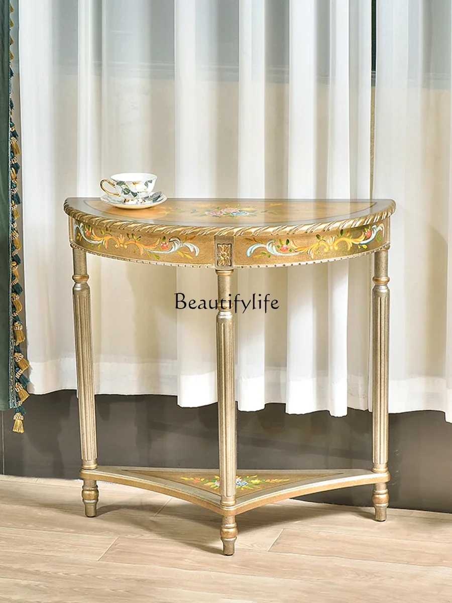

PAmerican Semicircle Console Solid Wood Home Hand Painting Storage Sofa Side Table