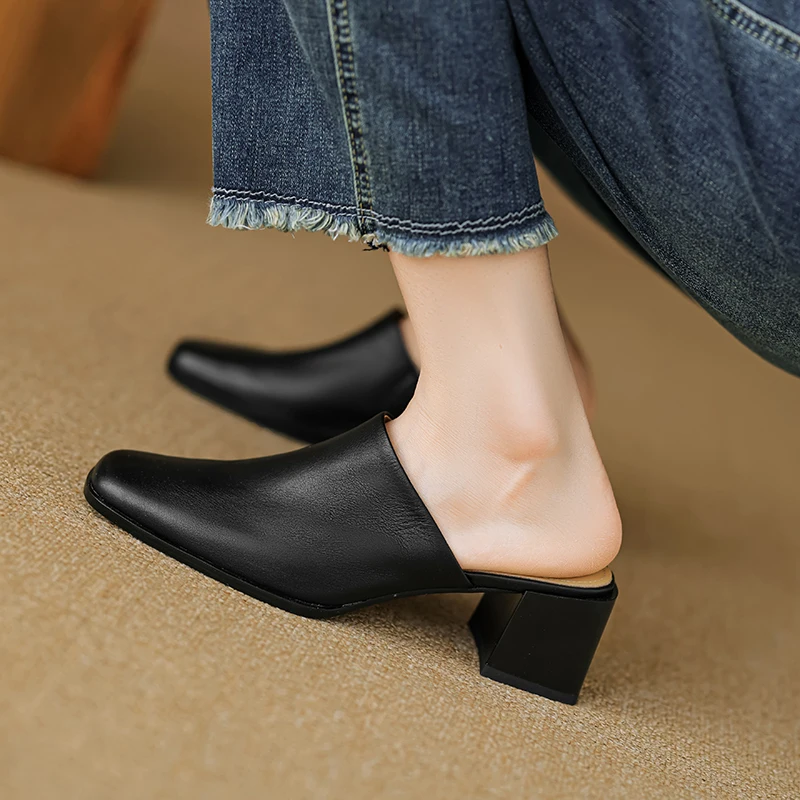 2024 New Genuine Leather Fashion Shoes Women Wedges High Heels Square Toe Mules Slippers Ladies Office Dress Shoes Sandales