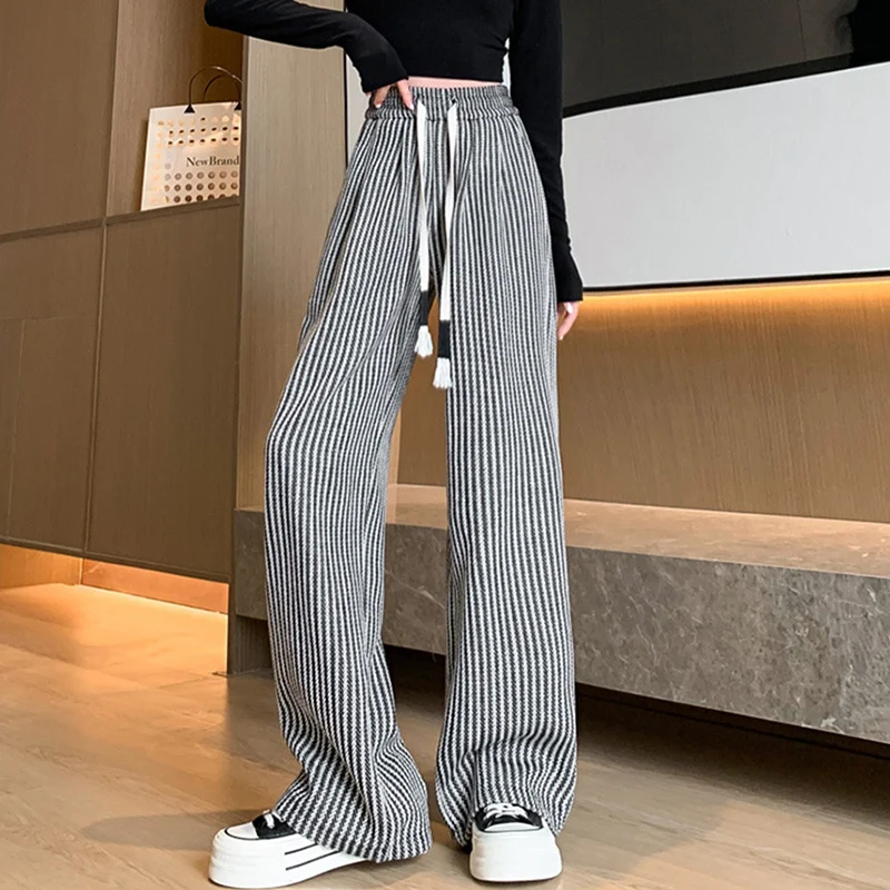 Korean Vintage Vertical Stripe Pants Women Harajuku Contrast Color Chic Design Straight Trousers Autumn Thicken Warm Woolen Pant