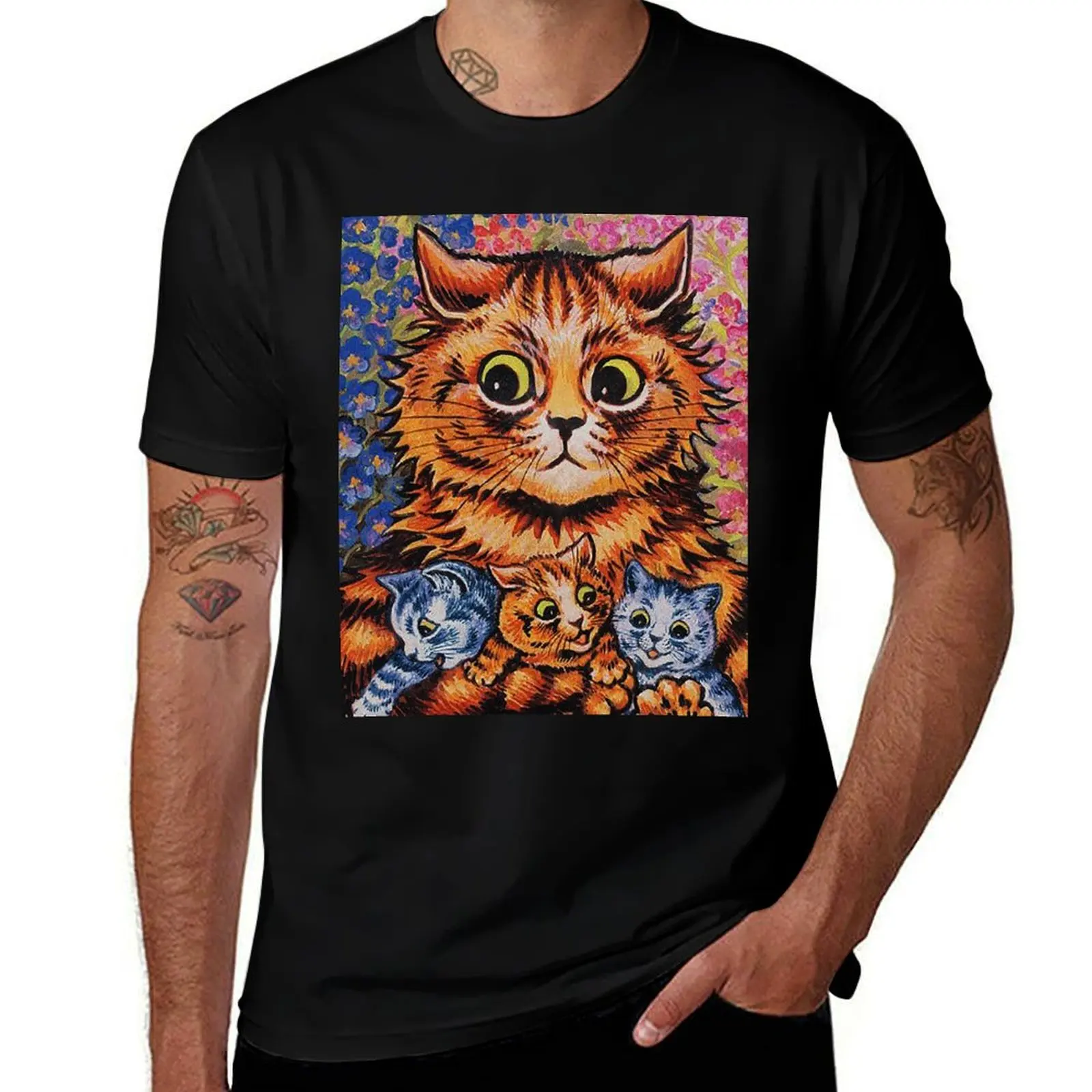 

A CAT & HER KITTENS - LOUIS WAIN T-Shirt cotton tshirt 100% graphic t shirts for man man t shirt summer T-Shirt