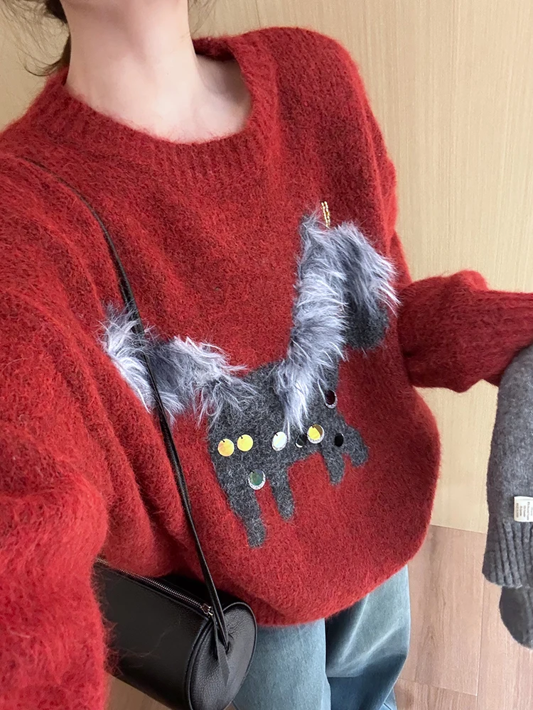 

Cisas New Year Red Embroidered Sequin Knitted Sweater Women's Autumn Winter Soft Lazy Sle Faionable Comfortable Sweater
