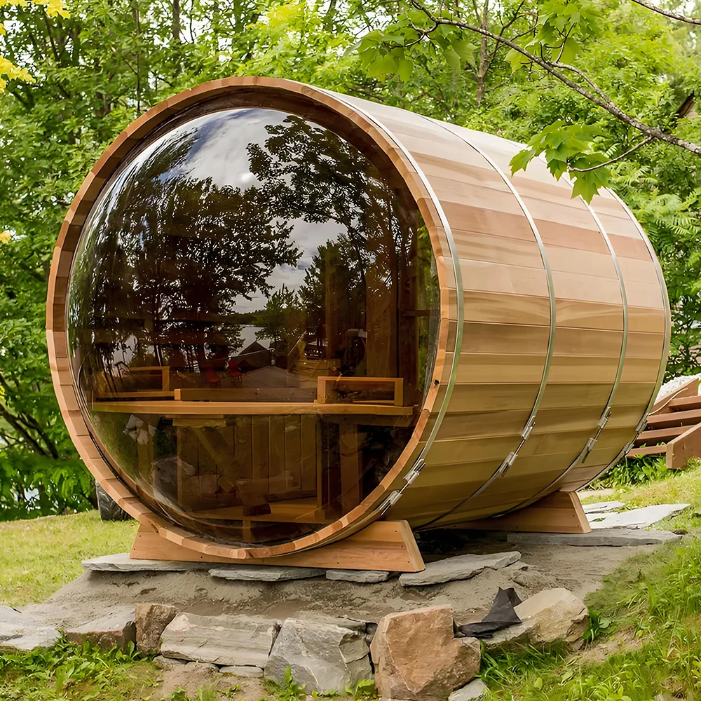 Modern Design 4-Person Outdoor Barrel Sauna Panoramic Window Red Cedar Solid Wood  Steam Room Control Panel Villa