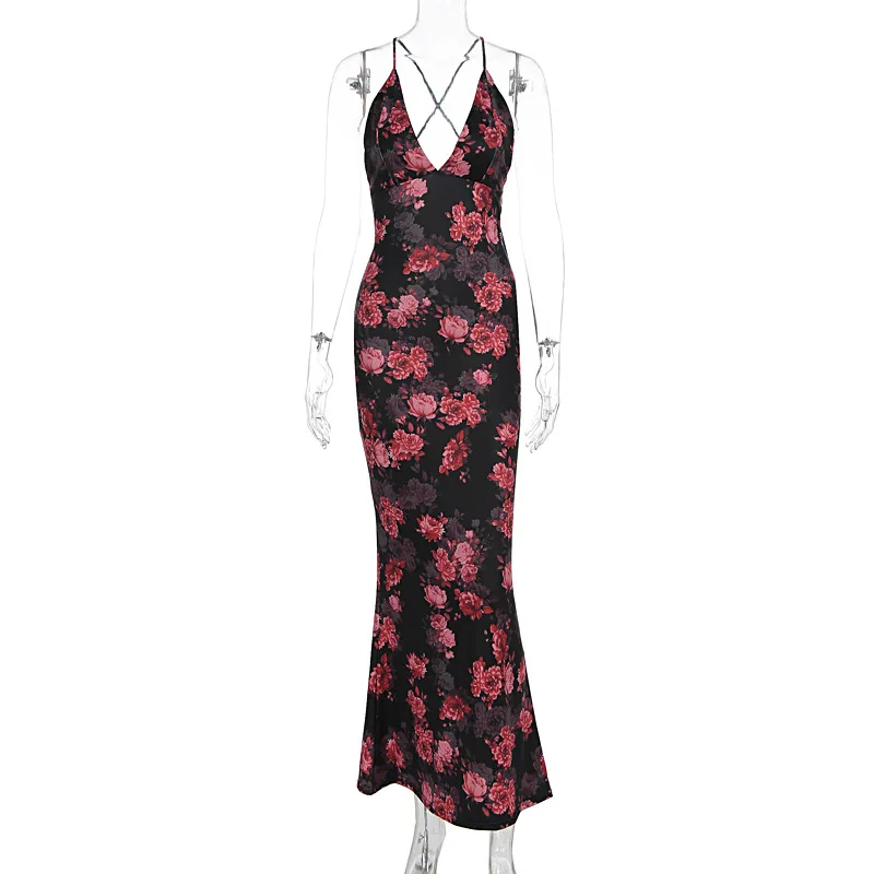 Europe and the United States wind women's summer new fashion light cooked floral low-cut tight waist strap dress