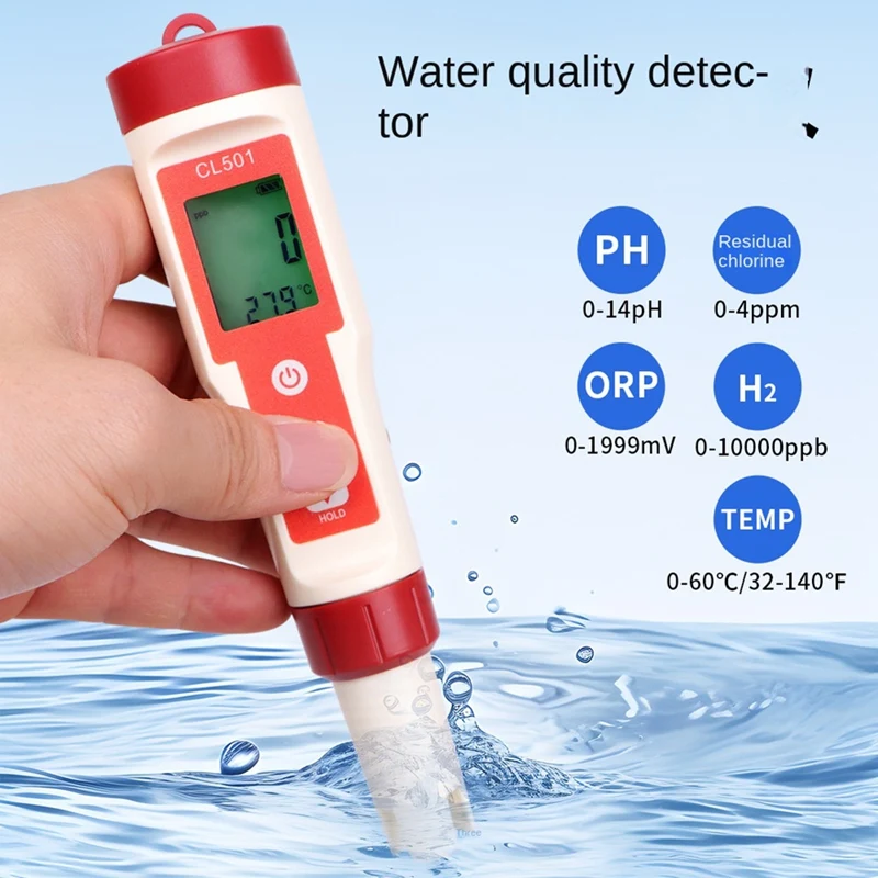 ●Chlorine Testing Pen 5 in 1 Water Quality Tester CL2 TEMP PH H2 ORP Measuring for Aquarium Swimming Pool