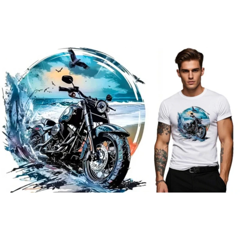 Custom Biker Style Pattern DTF Offset Heat Transfer Sticker Washable Iron on Patch for T Shirt Garment DIY Craft Apparel Decal