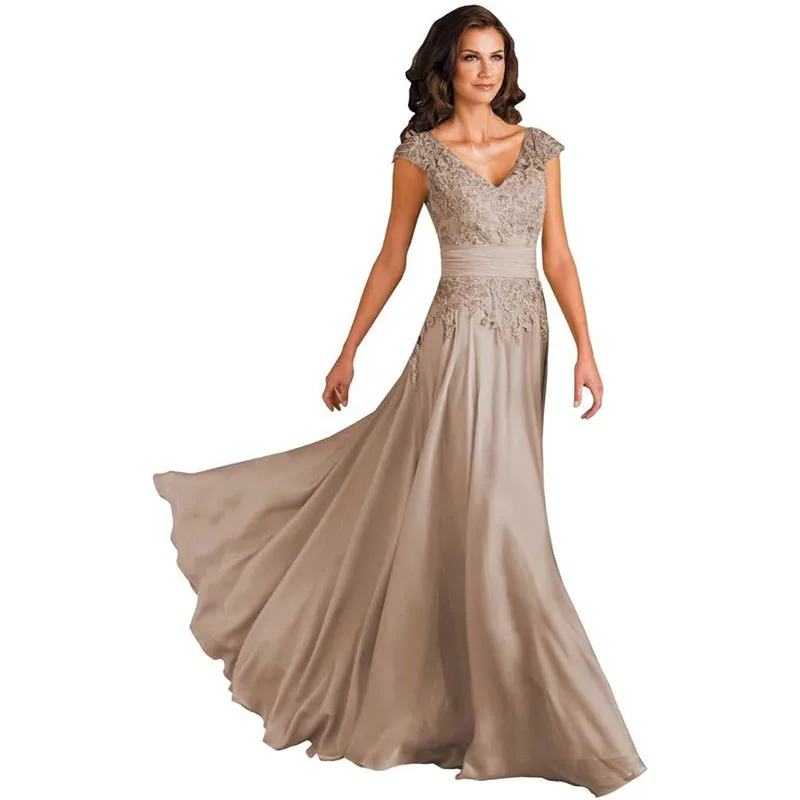 

Mother of The Bride Dresses Chiffon Women's Lace Applique Wedding Dress V-Neck Sleeveless Long Formal Evening Gowns