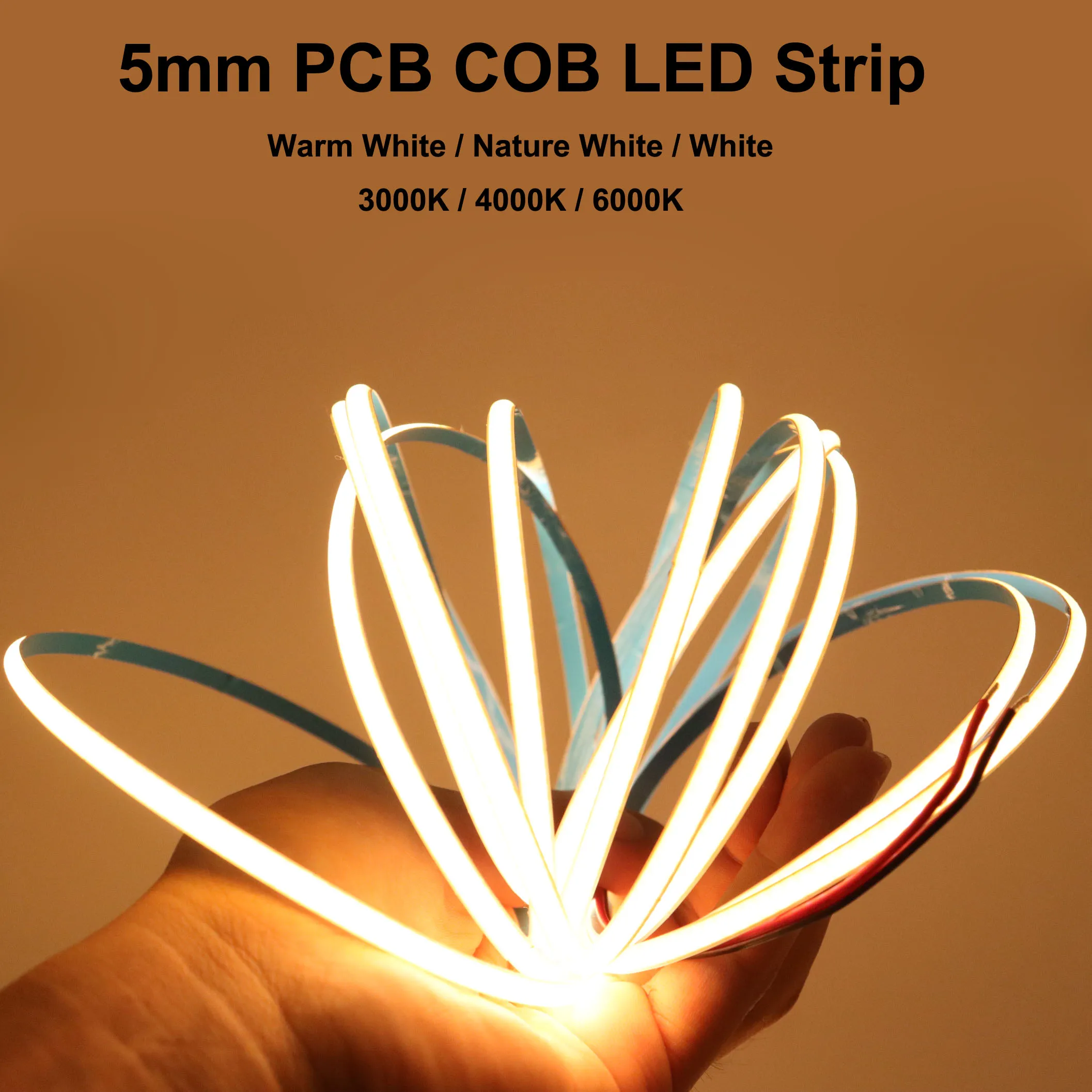 5mm COB LED Strip 384LEDs/M High Density Flexible FOB DC12V/24V Light Bar Warm Cold White 3000K/ 4000K /6000K for Decor Lighting