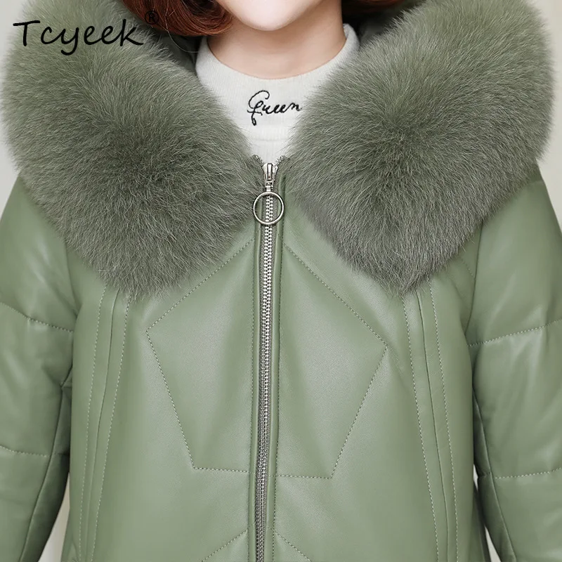 Tcyeek peau De mouton automne hiver duvet De canard blanc noir à capuche femmes veste en cuir véritable Jaqueta De Couro légítimo Feminina