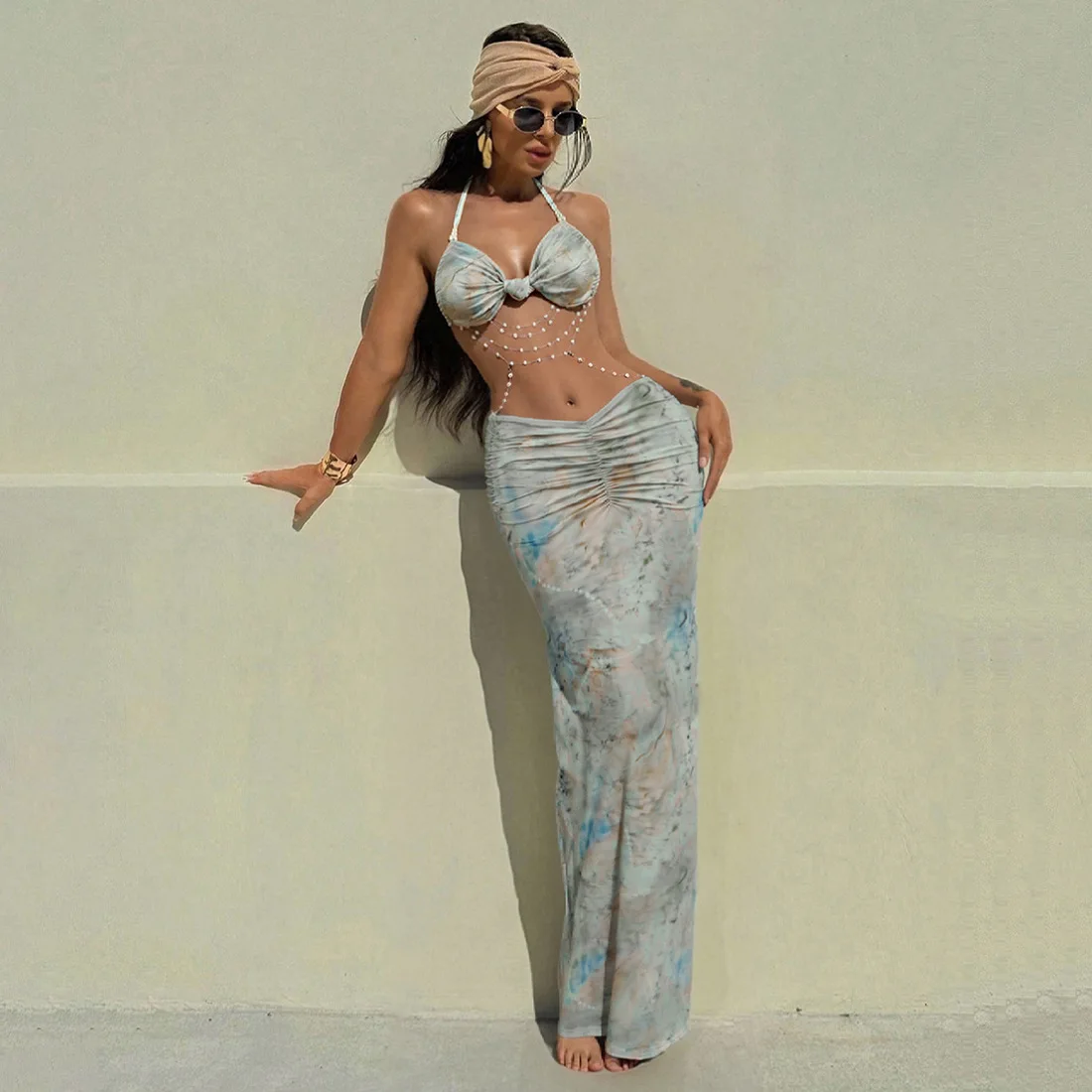 

Backless Rhinestone Chain Dress Women Y2K Glitter Ruched Waistless Knot Birthday Midnight Vacation Sexy Club Vestidos