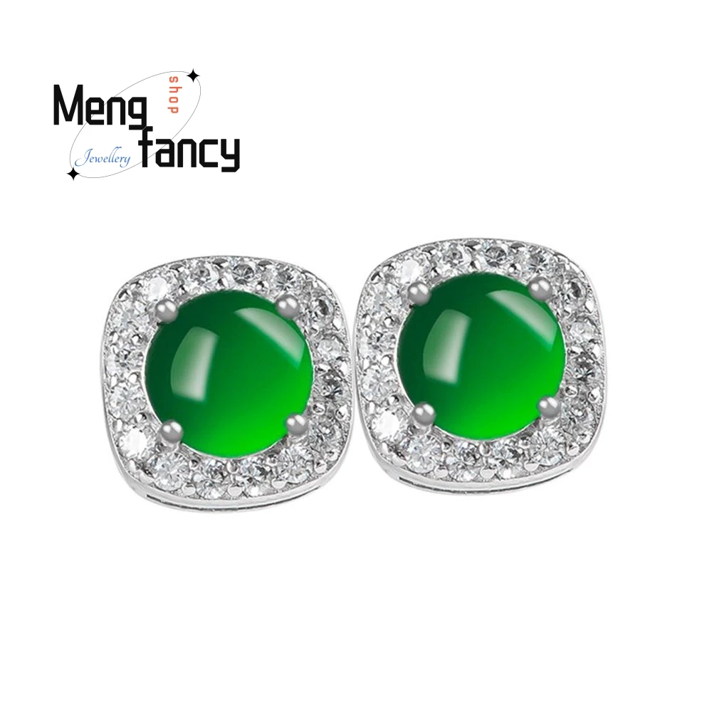 أنيقة عالية الجودة حقيقية الطبيعية A-السلع الجاديت يانغ البيض الأخضر أقراط الجليد اليشم S925 الفضة مطعمة الأزياء والمجوهرات الفاخرة