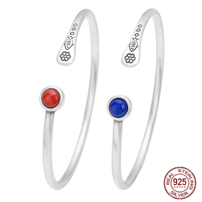 

Natural lapis lazuli S925 Pure Silver Retro Fashion Small Fish Pattern Agate Open Bracelet For Women
