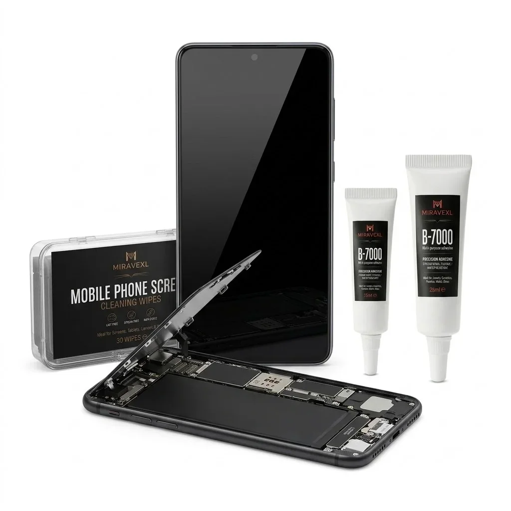 Kit Profissional de Reparo de Tela de Celular: Cola B-7000 de 15ml e 25ml com 30 Panos Antiestáticos para Limpeza de Lentes de Celular, Tablet e Câmera