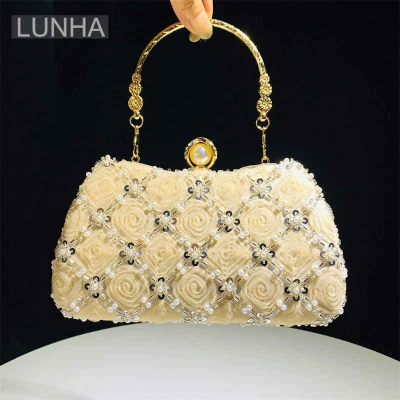 Women's Luxury Evening Clutch Bag Handmade Rose Pearl Beaded Top-handle Box Handbag for Banquet Wedding Party Events