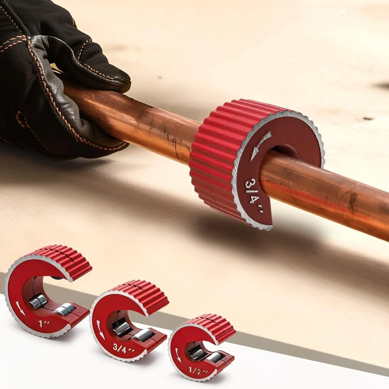 Rohrschneider-Set 1/2", 3/4", 1" Kupferrohrschneider Selbstspannender C-förmiger Schneidewerkzeug Entgratwerkzeug für PVC, Aluminium und Rohre – Detail 4