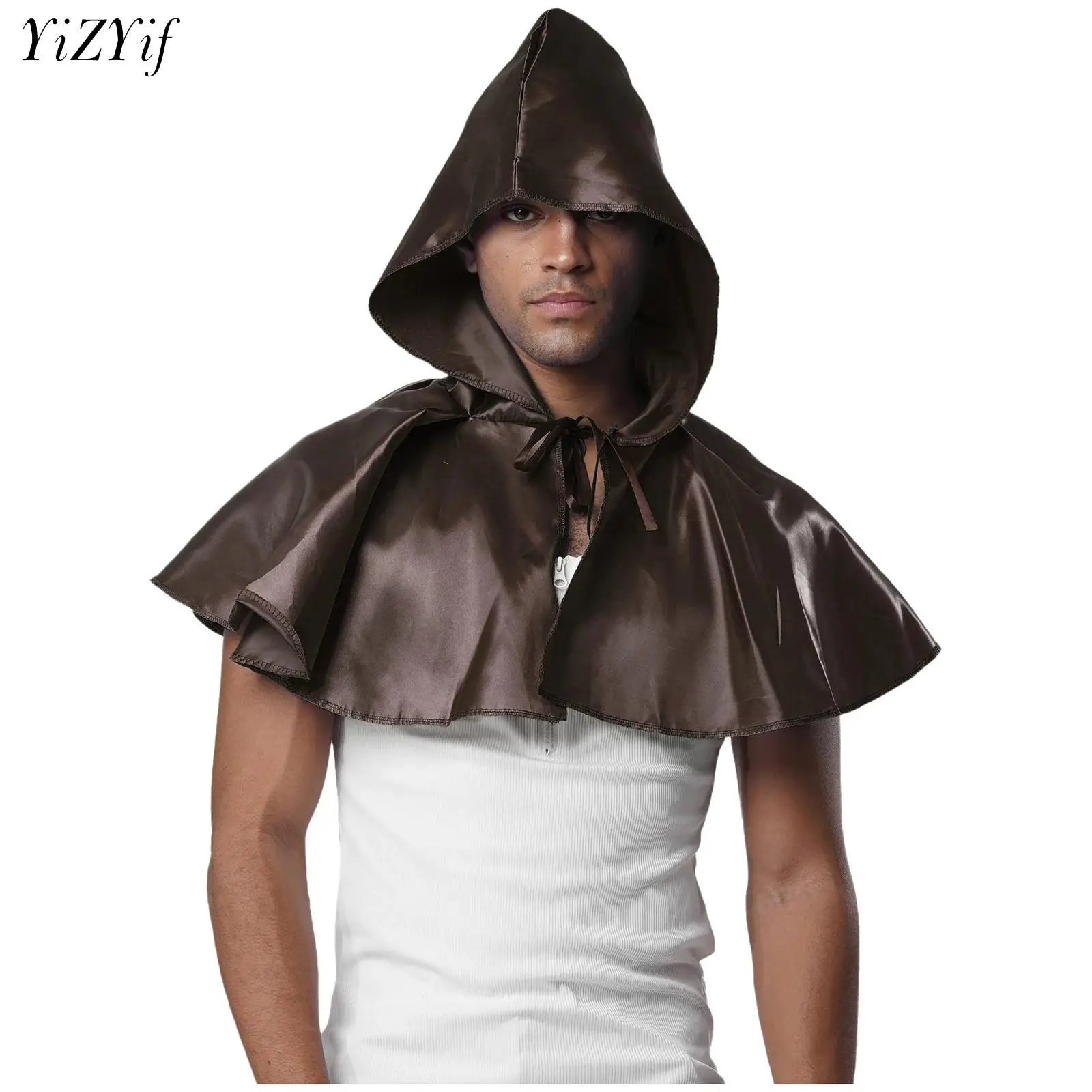 

Мужской средневековый плащ с капюшоном вампира-волшебника, вечерние костюмы на Хэллоуин, костюм для косплея «Жнец смерти», передняя завязка, атласная накидка, шаль на плечо