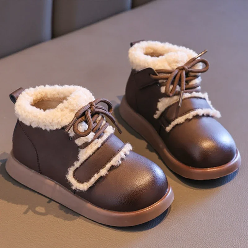 

2023 Kids Shoes Boots for Girl Korean Style Leather Toddlers Winter Cotton Boots Plush Warm Children's Causal Ankle Short Boots