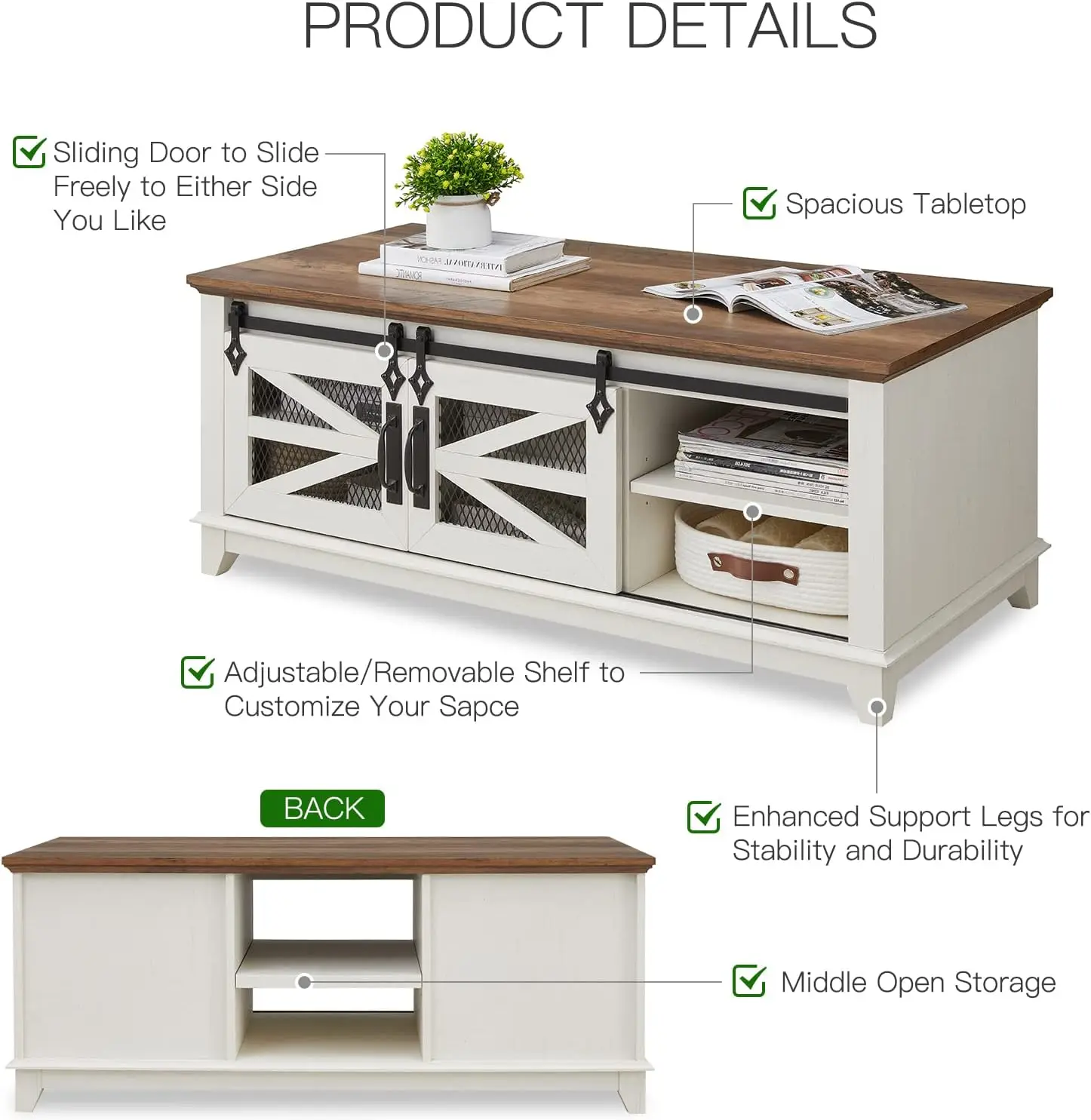 48' Coffee Table with Storage, Sliding Barn Doors, Adjustable Shelves, Farmhouse Industrial Style, Antique White