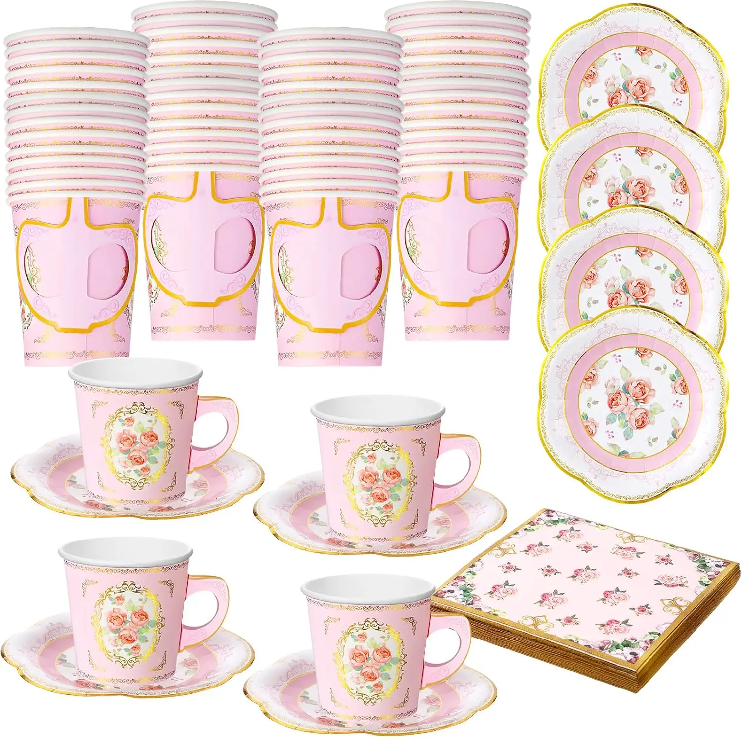 

36 Set Tea Party Decorations Floral Paper Tea Cups with Saucers Napkins, Blossom Disposable Paper Cups and Saucers Sets