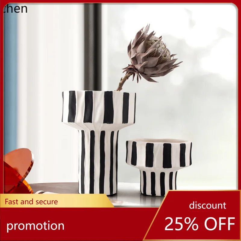 HT Simple Modern Flower Vase Ornament Model Room Dried Flower Ins Ornament Black and White Striped Ceramic Vase