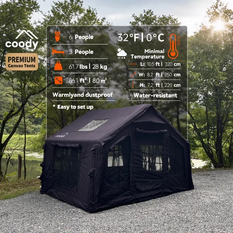 YTYIN Coody 8.0 Inflatable Air Tent-Black 3-6 Person All Season Quick Delivery Easy Set Up Cotton Family Inflatable Tent For Cam