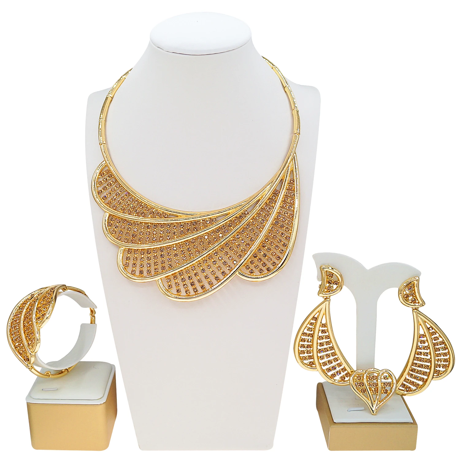 Yulaili Italian Gold Plated Fan Design Rhinestone Jewelry Set for Women Party Wedding Necklace Earrings Bracelet Ring I0065
