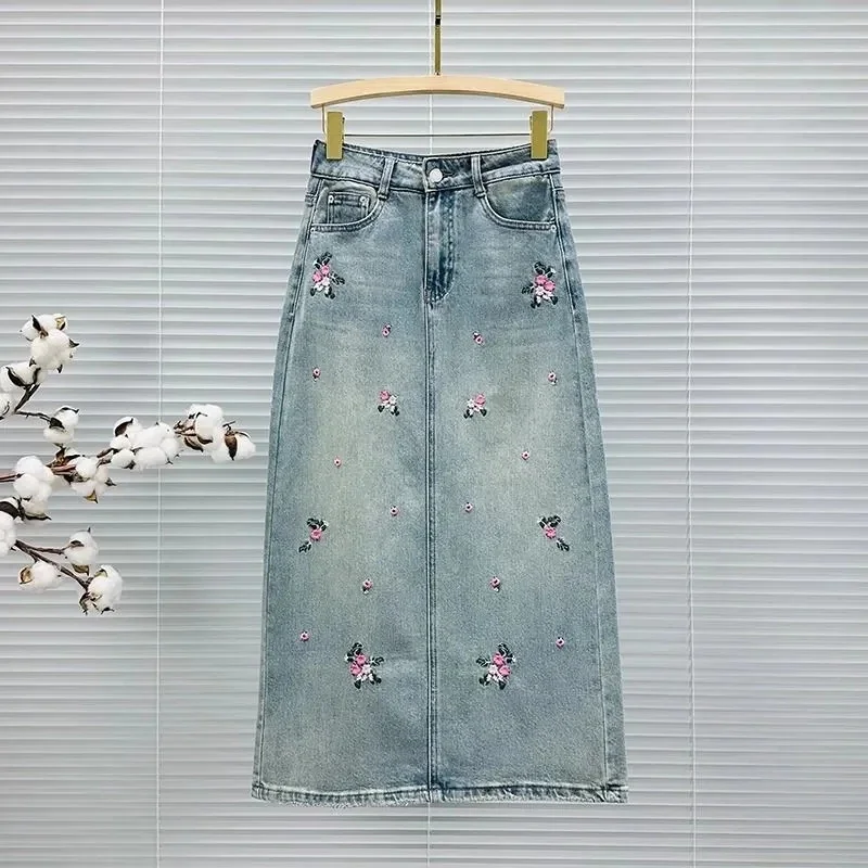 2024 Spring Summer Korean Back Split High Waist Women's Cowboy Half Skirt Korean Version Embroidery Ladies Denim A word Skirt