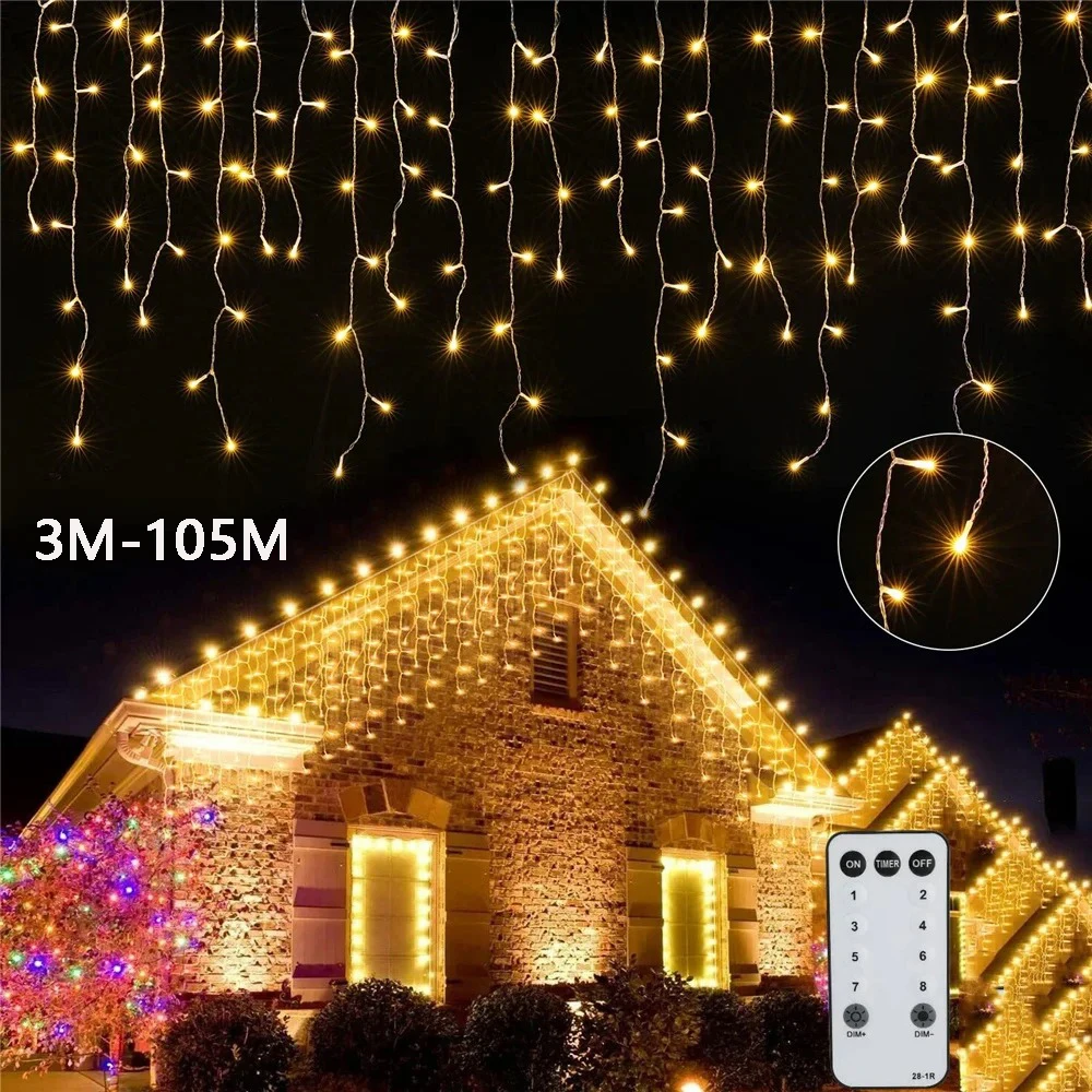 Christmas Decorations For Home Outdoor LED Curtain Icicle String Light Street Garland On The House Winter 2024 New Year Decor