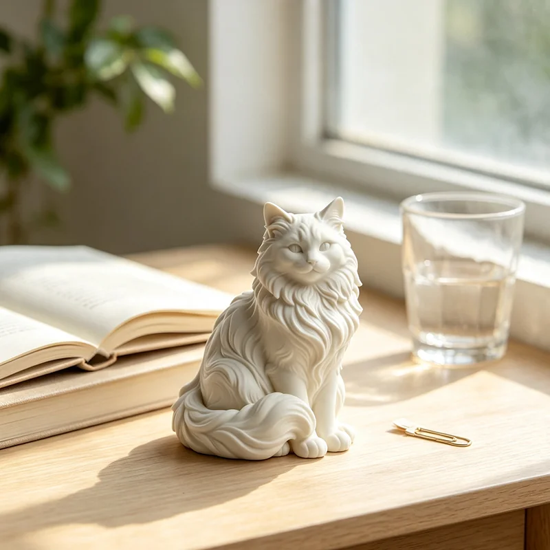 Elegant Sitting Long Fur Cat 3D Printed Ornament Nordic Style Animal Statue White Desktop Tabletop Decoration