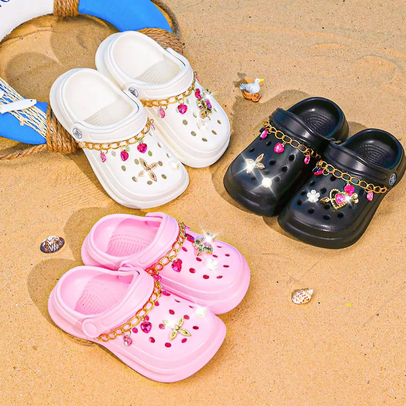

Kids Slip-On Clogs and Mules, Breathable, Waterproof, EVA Garden Shoes with Decorative Chain for Beach and Everyday Wear 168