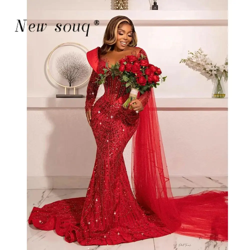 African Plus Size Red Beaded Prom Dresses with Side Train Aso Ebi Long Sleeves Sparkly Beads Black Girls Wedding Reception Gowns