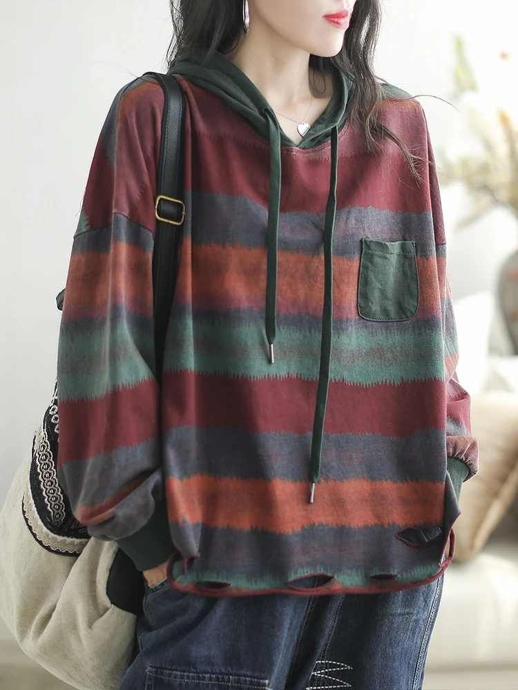 Max LuLu 2024 Fall Womens Fashion Striped Oversized Hooded T-shirts Ladies Casual Holes Design Cotton Tops Classic Loose Clothes